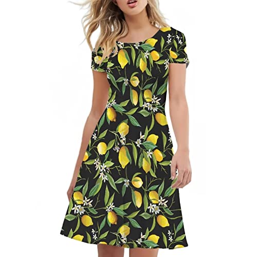 Suhoaziia Damen Kurzarm Rundhals Print Hohe Taille A Linie Sommer Knielang Kleid, Zitrone und Blume, XX-Large von Suhoaziia