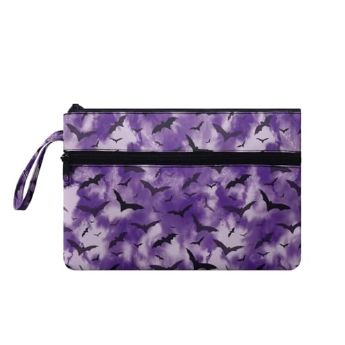 Suhoaziia Handgelenk-Handtaschen für Damen, Halloween-Kosmetiktasche, großes Fassungsvermögen, Reise-Organizer, Geldbörse zum Tragen von Münzkarten, Handy, violette Batik-Fledermäuse von Suhoaziia