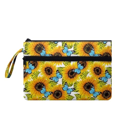 Suhoaziia Handgelenk-Handtaschen für Damen, Make-up-Tasche mit tragbarem Seil, Reißverschluss, Kleingeldbörse, Münzkarten-Geldbörse, Sonnenblumen-Schmetterling, S von Suhoaziia