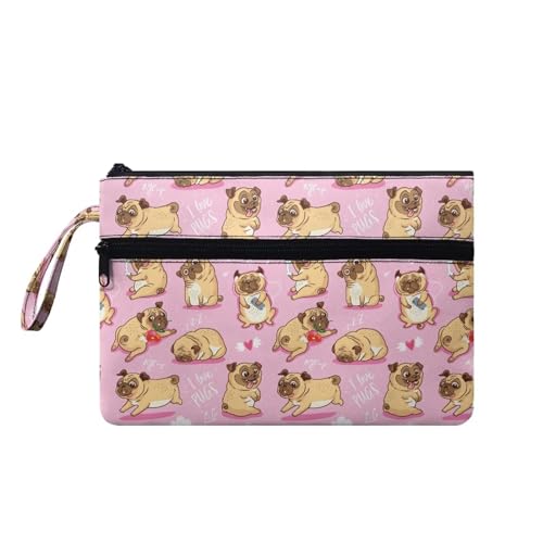 Suhoaziia Handgelenktaschen für Damen, Mops, Hunde, großes Fassungsvermögen, Reise-Organizer, Geldbörse, Kosmetiktasche, Reißverschlusstasche, Niedliche Mops-Hunde, Medium von Suhoaziia