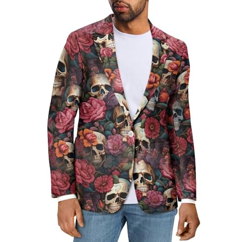 Suhoaziia Herren Anzüge Blazer Einreiher Vintage Slim Fit Kleid Anzugjacke Langarm Outwear mit Multi-Tasche, Totenkopf Blumen, M von Suhoaziia