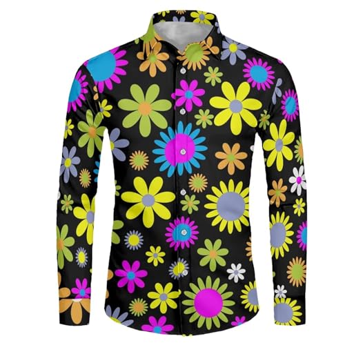 Suhoaziia Herren Casual Langarm Kleid Hemd Kragen Button Down Shirt für Schule und Studenten, Abstrakter Hippie-Blumendruck, 6XL von Suhoaziia