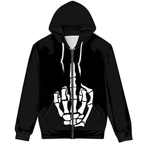 Suhoaziia Herren Kapuzenpullover mit Kordelzug Edle Pullover Tops Hoodies Langarm Sweatshirt Größe 2XS-5XL, Skelett zeigt Mittelfinger., XX-Small von Suhoaziia