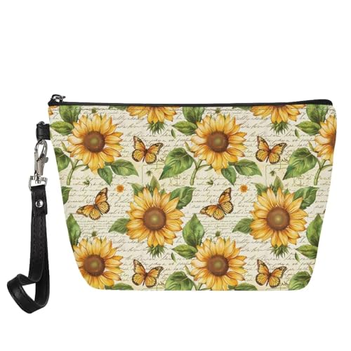 Suhoaziia Kosmetiktasche für Damen, Reißverschluss, Reise-Make-up-Tasche, geräumiger Kulturbeutel, Organizer, Handgelenktaschen, Retro-Sonnenblumen-Schmetterling, Einheitsgröße, modisch von Suhoaziia