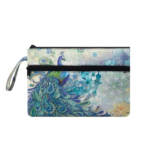 Suhoaziia Peacock Damen-Handtaschen mit Reißverschluss, Handgelenk, Geldbörsen zum Tragen von Karten, Handy, leicht, Reise-Organizer, Geldbörse mit Fronttasche von Suhoaziia