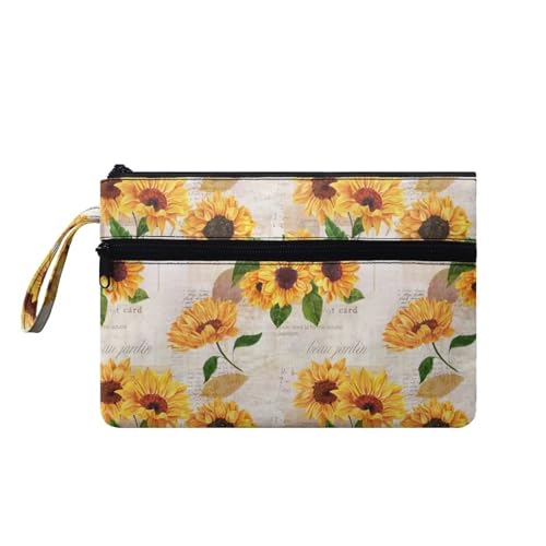 Suhoaziia Reise-Make-up-Tasche mit Vordertasche, Clutch, einfach zu transportieren, Münzkarten-Geldbörse, Sonnenblumen-Print, S von Suhoaziia