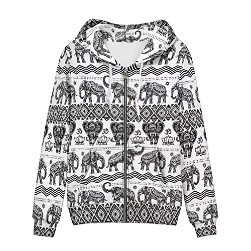 Suhoaziia Reißverschluss Sweatshirt mit Tasche Casual Kordelzug Hoodies für Frauen Langarm Pullover Tops Größe XS-5XL, Bohemian Tribal Elefant, 48 von Suhoaziia