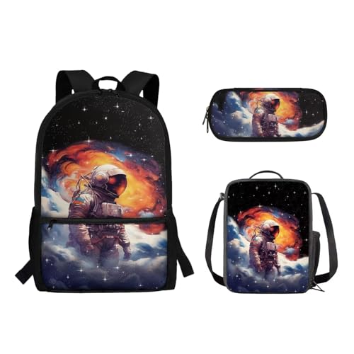 Suhoaziia Schulranzen-Rucksack, 3-teiliges Set, mit Lunchtasche und Federmäppchen, für Jungen und Mädchen, Kinder, Laptoptasche, Grundschule, Mittelschule, Tagesrucksack, 3-in-1, Astronautenaufdruck, von Suhoaziia