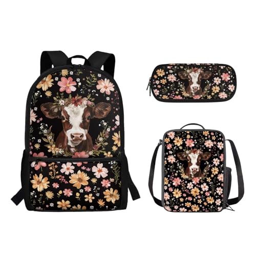 Suhoaziia Schulranzen-Rucksack, 3-teiliges Set, mit Lunchtasche und Federmäppchen, für Jungen und Mädchen, Kinder, Laptoptasche, Grundschule, Mittelschule, Tagesrucksack, 3-in-1, Braunes von Suhoaziia