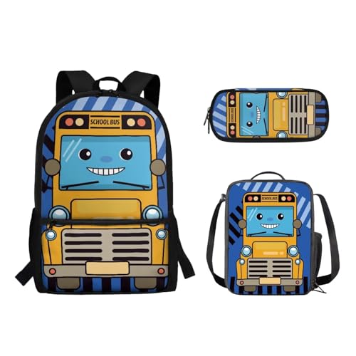 Suhoaziia Schulranzen-Rucksack, 3-teiliges Set, mit Lunchtasche und Federmäppchen, für Jungen und Mädchen, Kinder, Laptoptasche, Grundschule, Mittelschule, Tagesrucksack, 3-in-1, Cartoon-Schulbus, von Suhoaziia