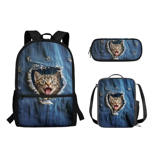 Suhoaziia Schulranzen-Rucksack, 3-teiliges Set, mit Lunchtasche und Federmäppchen, für Jungen und Mädchen, Kinder, Laptoptasche, Grundschule, Mittelschule, Tagesrucksack, 3-in-1, Cowboy-Denim-Katze, von Suhoaziia