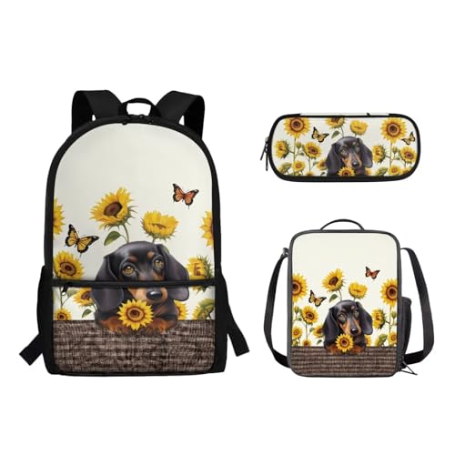 Suhoaziia Schulranzen-Rucksack, 3-teiliges Set, mit Lunchtasche und Federmäppchen, für Jungen und Mädchen, Kinder, Laptoptasche, Grundschule, Mittelschule, Tagesrucksack, 3-in-1, Dackel, Sonnenblume, von Suhoaziia