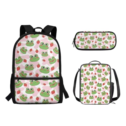 Suhoaziia Schulranzen-Rucksack, 3-teiliges Set, mit Lunchtasche und Federmäppchen, für Jungen und Mädchen, Kinder, Laptoptasche, Grundschule, Mittelschule, Tagesrucksack, 3-in-1, Erdbeerfrosch, von Suhoaziia