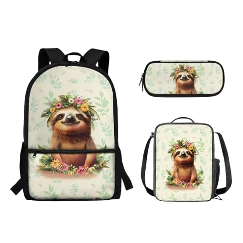 Suhoaziia Schulranzen-Rucksack, 3-teiliges Set, mit Lunchtasche und Federmäppchen, für Jungen und Mädchen, Kinder, Laptoptasche, Grundschule, Mittelschule, Tagesrucksack, 3-in-1, Faultier-Blumen, von Suhoaziia