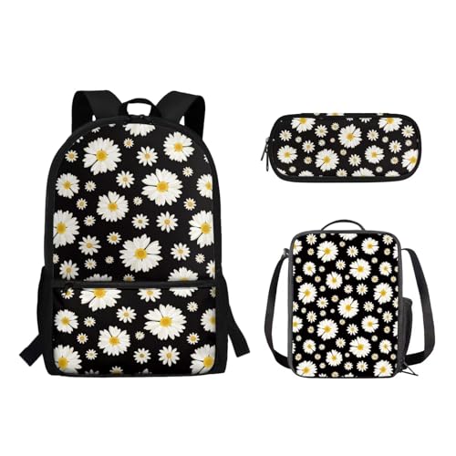 Suhoaziia Schulranzen-Rucksack, 3-teiliges Set, mit Lunchtasche und Federmäppchen, für Jungen und Mädchen, Kinder, Laptoptasche, Grundschule, Mittelschule, Tagesrucksack, 3-in-1, Gänseblümchen, von Suhoaziia