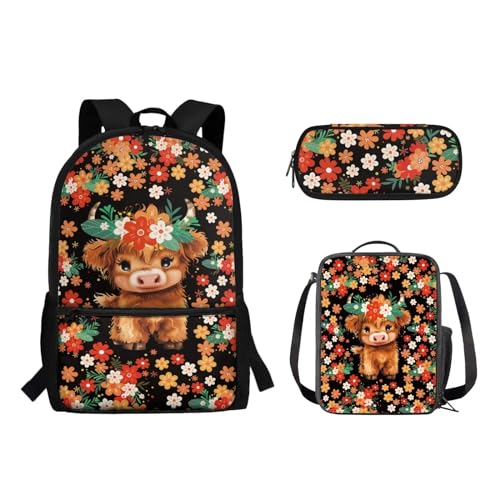 Suhoaziia Schulranzen-Rucksack, 3-teiliges Set, mit Lunchtasche und Federmäppchen, für Jungen und Mädchen, Kinder, Laptoptasche, Grundschule, Mittelschule, Tagesrucksack, 3-in-1, Niedliche Kuhblumen, von Suhoaziia