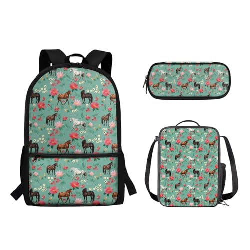 Suhoaziia Schulranzen-Rucksack, 3-teiliges Set, mit Lunchtasche und Federmäppchen, für Jungen und Mädchen, Kinder, Laptoptasche, Grundschule, Mittelschule, Tagesrucksack, 3-in-1, Pferde mit von Suhoaziia