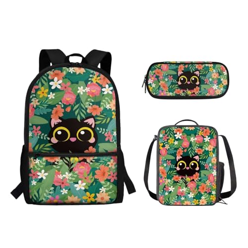 Suhoaziia Schulranzen-Rucksack, 3-teiliges Set, mit Lunchtasche und Federmäppchen, für Jungen und Mädchen, Kinder, Laptoptasche, Grundschule, Mittelschule, Tagesrucksack, 3-in-1, Schwarze Katze mit von Suhoaziia