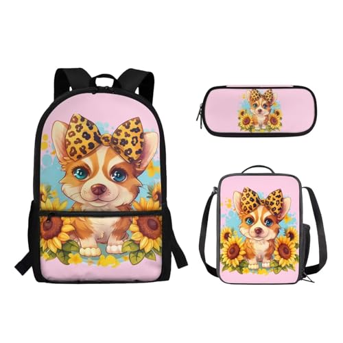 Suhoaziia Schulranzen-Rucksack, 3-teiliges Set, mit Lunchtasche und Federmäppchen, für Jungen und Mädchen, Kinder, Laptoptasche, Grundschule, Mittelschule, Tagesrucksack, 3-in-1, Sonnenblumen-Corgi, von Suhoaziia