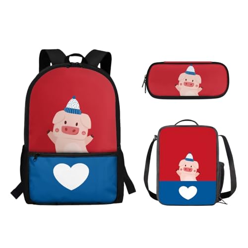 Suhoaziia Schulranzen-Rucksack, 3-teiliges Set, mit Lunchtasche und Federmäppchen, für Jungen und Mädchen, Kinder, Laptoptasche, Grundschule, Mittelschule, Tagesrucksack, 3-in-1, Süßes Schwein, von Suhoaziia