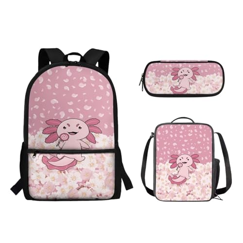 Suhoaziia Schulrucksack-Set, Federmäppchen-Set, Laptop, Reise, Schule, Tagesrucksack, Grundschule, Mittelhoch, Schüler, Büchertasche für Mädchen und Jungen, 3-teilig, Axolotl Kirschblüte, von Suhoaziia