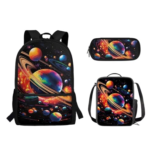 Suhoaziia Schulrucksack-Set, Federmäppchen-Set, Laptop, Reise, Schule, Tagesrucksack, Grundschule, Mittelhoch, Schüler, Büchertasche für Mädchen und Jungen, 3-teilig, Bunter Planet, Tagesrucksäcke von Suhoaziia