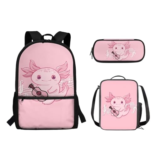 Suhoaziia Schulrucksack-Set, Federmäppchen-Set, Laptop, Reise, Schule, Tagesrucksack, Grundschule, Mittelhoch, Schüler, Büchertasche für Mädchen und Jungen, 3-teilig, Cartoon Axolotl Pink, von Suhoaziia