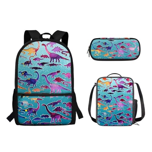 Suhoaziia Schulrucksack-Set, Federmäppchen-Set, Laptop, Reise, Schule, Tagesrucksack, Grundschule, Mittelhoch, Schüler, Büchertasche für Mädchen und Jungen, 3-teilig, Dinosaurier-Druck, Tagesrucksäcke von Suhoaziia