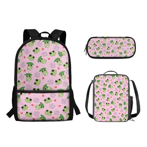 Suhoaziia Schulrucksack-Set, Federmäppchen-Set, Laptop, Reise, Schule, Tagesrucksack, Grundschule, Mittelhoch, Schüler, Büchertasche für Mädchen und Jungen, 3-teilig, Donut-Frosche, Tagesrucksäcke von Suhoaziia