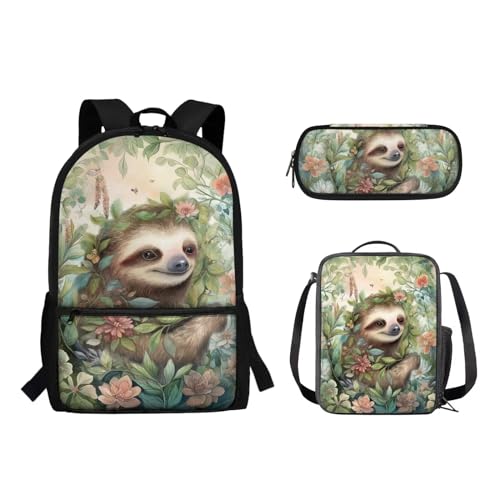 Suhoaziia Schulrucksack-Set, Federmäppchen-Set, Laptop, Reise, Schule, Tagesrucksack, Grundschule, Mittelhoch, Schüler, Büchertasche für Mädchen und Jungen, 3-teilig, Faultier Blumenwald, von Suhoaziia