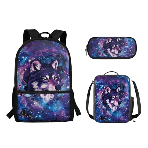 Suhoaziia Schulrucksack-Set, Federmäppchen-Set, Laptop, Reise, Schule, Tagesrucksack, Grundschule, Mittelhoch, Schüler, Büchertasche für Mädchen und Jungen, 3-teilig, Galaxy Wolf, Tagesrucksäcke von Suhoaziia