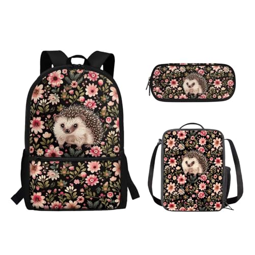 Suhoaziia Schulrucksack-Set, Federmäppchen-Set, Laptop, Reise, Schule, Tagesrucksack, Grundschule, Mittelhoch, Schüler, Büchertasche für Mädchen und Jungen, 3-teilig, Igelblume, Tagesrucksäcke von Suhoaziia