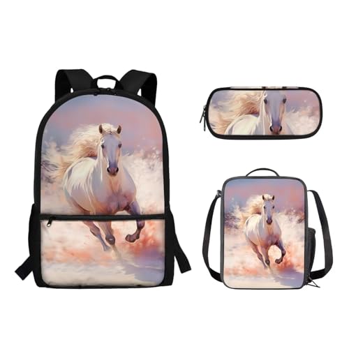 Suhoaziia Schulrucksack-Set, Federmäppchen-Set, Laptop, Reise, Schule, Tagesrucksack, Grundschule, Mittelhoch, Schüler, Büchertasche für Mädchen und Jungen, 3-teilig, Laufpferd, Tagesrucksäcke von Suhoaziia