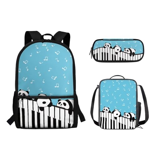 Suhoaziia Schulrucksack-Set, Federmäppchen-Set, Laptop, Reise, Schule, Tagesrucksack, Grundschule, Mittelhoch, Schüler, Büchertasche für Mädchen und Jungen, 3-teilig, Niedliches Panda-Klavier, von Suhoaziia