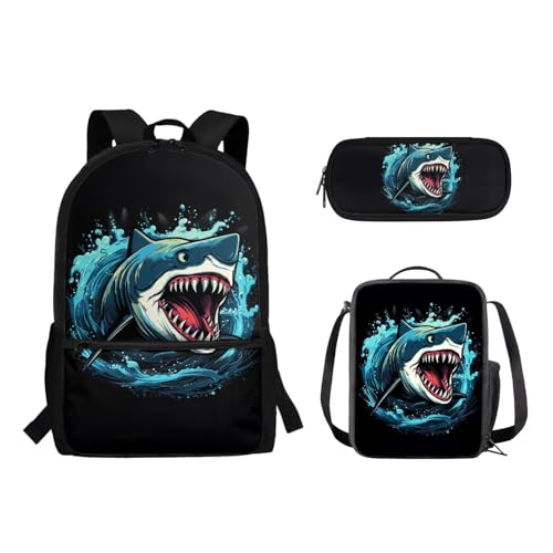 Suhoaziia Schulrucksack-Set, Federmäppchen-Set, Laptop, Reise, Schule, Tagesrucksack, Grundschule, Mittelhoch, Schüler, Büchertasche für Mädchen und Jungen, 3-teilig, Sea Shark, Tagesrucksäcke von Suhoaziia