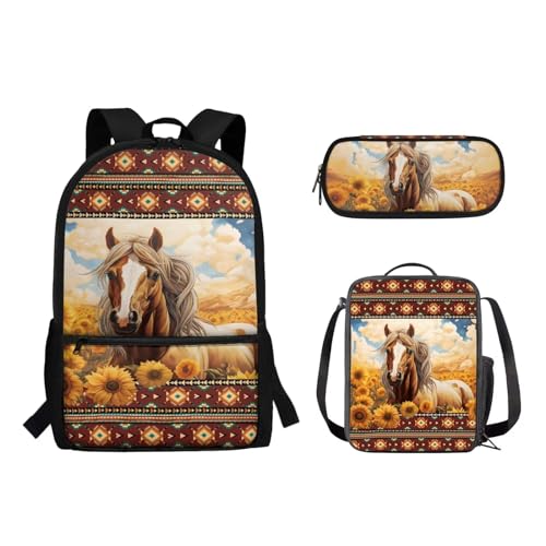 Suhoaziia Schulrucksack-Set, Federmäppchen-Set, Laptop, Reise, Schule, Tagesrucksack, Grundschule, Mittelhoch, Schüler, Büchertasche für Mädchen und Jungen, 3-teilig, Tribal Horse Sonnenblume, von Suhoaziia