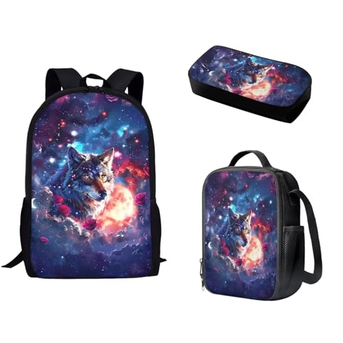 Suhoaziia Schulrucksack-Set, Reiserucksack für Mädchen, Jungen, Kinder, Schulbüchertasche für Damen, Lunchbox, Federmäppchen, 3 Stück, Rose Wolf Galaxy, One size Suhoaziia Schulrucksack-Set, Reiserucksack für Mädchen, Jungen, Kinder, Schulbüchertasche für Damen, Lunchbox, Federmäppchen, 3 Stück, Rose Wolf Galaxy, One size von Suhoaziia