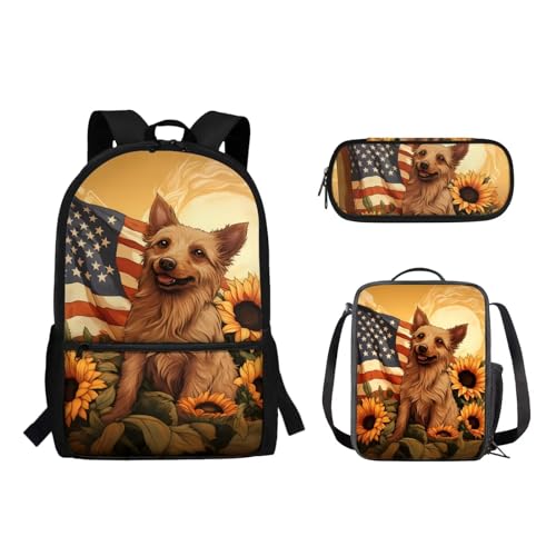 Suhoaziia Schulrucksack-Set für Kinder, Federmäppchen, Lunch-Tasche, Laptop, Reise, Tagesrucksack, Grundschule, Mittelhoch, Schüler, Büchertasche, 3-teilig, Amerikanische Flagge, Hundeblume, von Suhoaziia