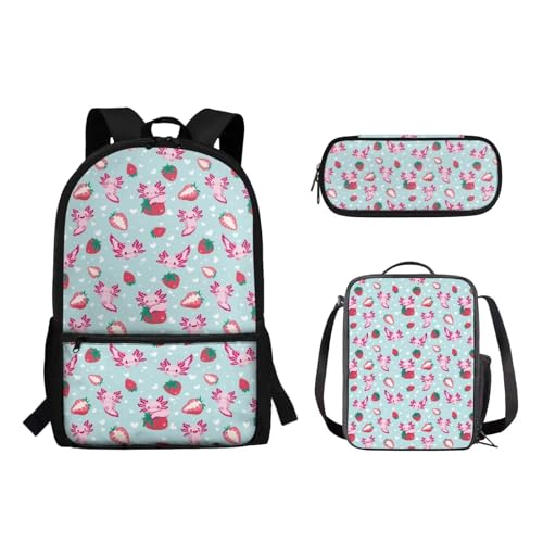 Suhoaziia Schulrucksack-Set für Kinder, Federmäppchen, Lunch-Tasche, Laptop, Reise, Tagesrucksack, Grundschule, Mittelhoch, Schüler, Büchertasche, 3-teilig, Axolotl Erdbeere, Tagesrucksäcke von Suhoaziia