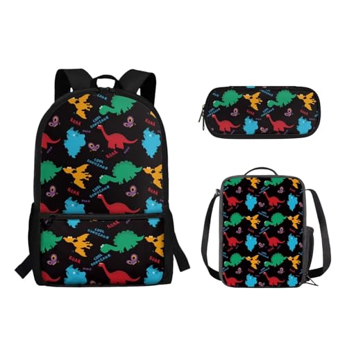 Suhoaziia Schulrucksack-Set für Kinder, Federmäppchen, Lunch-Tasche, Laptop, Reise, Tagesrucksack, Grundschule, Mittelhoch, Schüler, Büchertasche, 3-teilig, Bunte Dinosaurier, Tagesrucksäcke von Suhoaziia