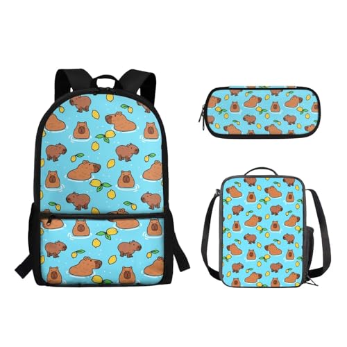 Suhoaziia Schulrucksack-Set für Kinder, Federmäppchen, Lunch-Tasche, Laptop, Reise, Tagesrucksack, Grundschule, Mittelhoch, Schüler, Büchertasche, 3-teilig, Cartoon-Capybara, Tagesrucksäcke von Suhoaziia