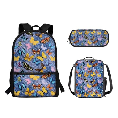 Suhoaziia Schulrucksack-Set für Kinder, Federmäppchen, Lunch-Tasche, Laptop, Reise, Tagesrucksack, Grundschule, Mittelhoch, Schüler, Büchertasche, 3-teilig, Denim, Cowboy-Schmetterling, Tagesrucksäcke von Suhoaziia