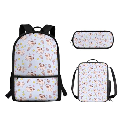 Suhoaziia Schulrucksack-Set für Kinder, Federmäppchen, Lunch-Tasche, Laptop, Reise, Tagesrucksack, Grundschule, Mittelhoch, Schüler, Büchertasche, 3-teilig, Eiscreme-Hund, Tagesrucksäcke von Suhoaziia