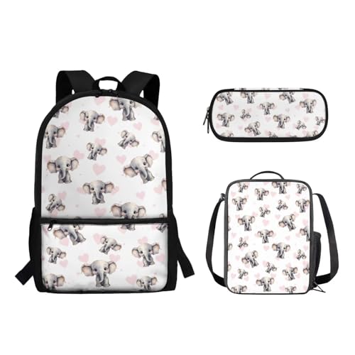 Suhoaziia Schulrucksack-Set für Kinder, Federmäppchen, Lunch-Tasche, Laptop, Reise, Tagesrucksack, Grundschule, Mittelhoch, Schüler, Büchertasche, 3-teilig, Elefantenherzen, Tagesrucksäcke von Suhoaziia