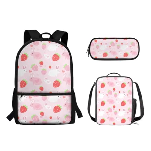 Suhoaziia Schulrucksack-Set für Kinder, Federmäppchen, Lunch-Tasche, Laptop, Reise, Tagesrucksack, Grundschule, Mittelhoch, Schüler, Büchertasche, 3-teilig, Erdbeer-Kaninchen, Tagesrucksäcke von Suhoaziia