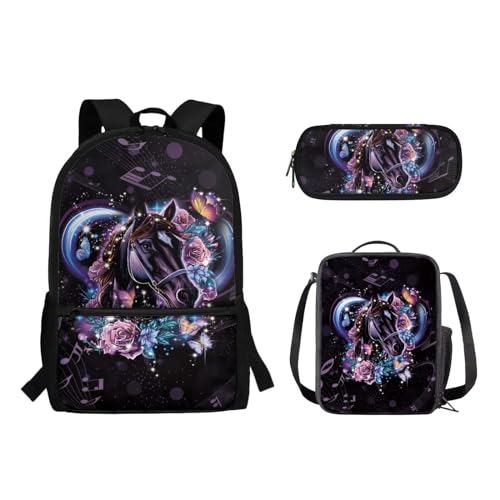 Suhoaziia Schulrucksack-Set für Kinder, Federmäppchen, Lunch-Tasche, Laptop, Reise, Tagesrucksack, Grundschule, Mittelhoch, Schüler, Büchertasche, 3-teilig, Pferd Floral, Tagesrucksäcke von Suhoaziia