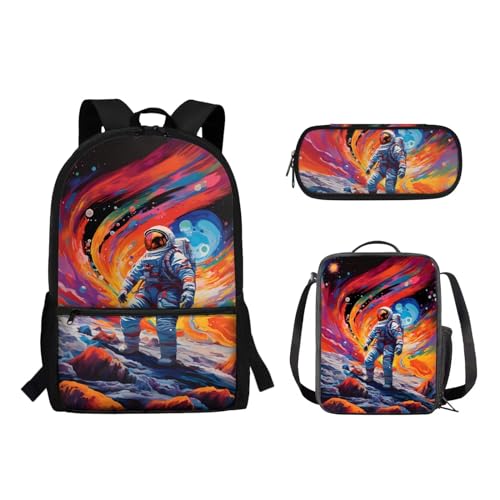 Suhoaziia Schulrucksack-Set für Kinder, Federmäppchen, Lunch-Tasche, Laptop, Reise, Tagesrucksack, Grundschule, Mittelhoch, Schüler, Büchertasche, 3-teilig, Planet Astronaut, Tagesrucksäcke von Suhoaziia