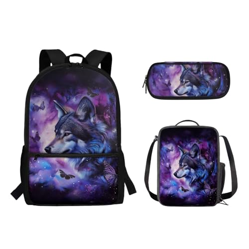 Suhoaziia Schulrucksack-Set für Kinder, Federmäppchen, Lunch-Tasche, Laptop, Reise, Tagesrucksack, Grundschule, Mittelhoch, Schüler, Büchertasche, 3-teilig, Schmetterling Wolf Galaxie, Tagesrucksäcke von Suhoaziia