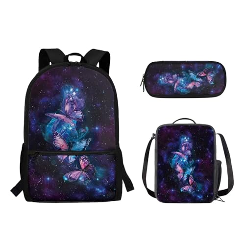 Suhoaziia Schulrucksack-Set für Kinder, Federmäppchen, Lunch-Tasche, Laptop, Reise, Tagesrucksack, Grundschule, Mittelhoch, Schüler, Büchertasche, 3-teilig, Sternenschmetterling, Tagesrucksäcke von Suhoaziia