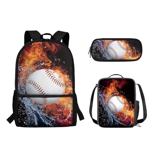 Suhoaziia Schulrucksack-Set für Kinder, Federmäppchen, Lunch-Tasche, Laptop, Reise, Tagesrucksack, Grundschule, Mittelhoch, Schüler, Büchertasche, 3-teilig, Wasserfeuer Softball, Tagesrucksäcke von Suhoaziia